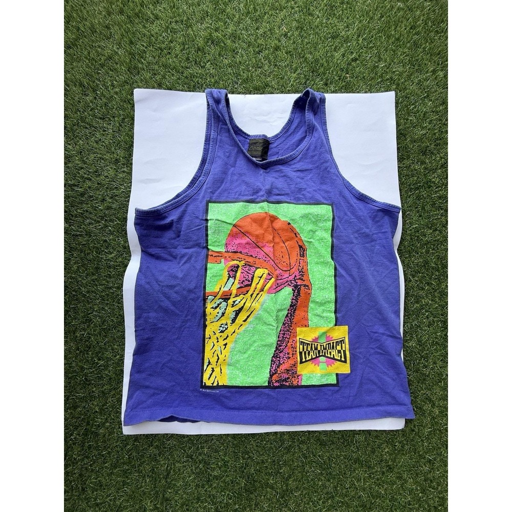 Vintage 1990s purple tank top with a neon basketball graphi